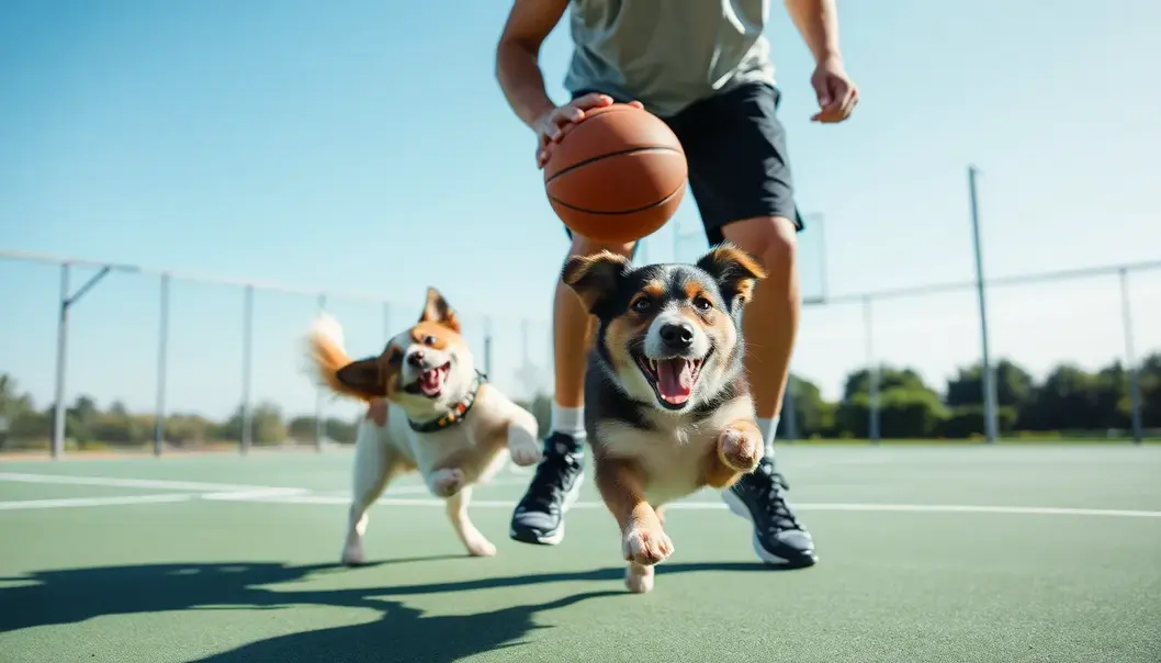 Amateur basketball player enjoying a training session with their pet dog.