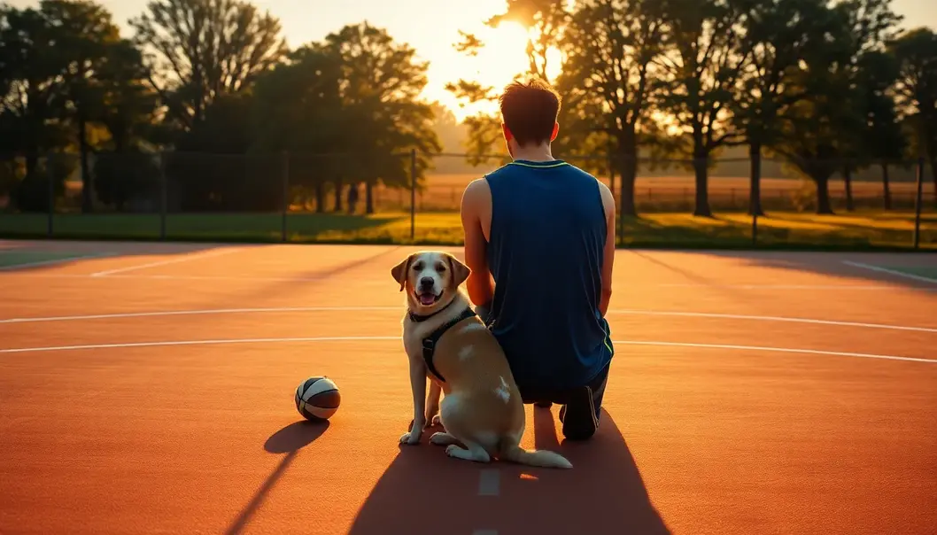 A player and their dog resting together on a basketball court at dawn.
