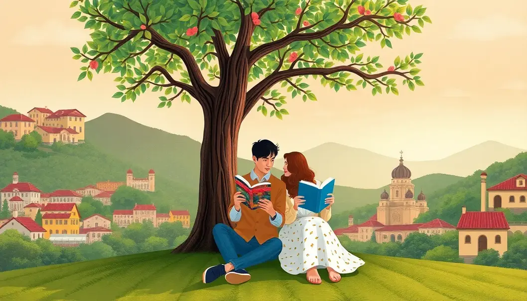 A couple immersed in romantic classics within a vintage library setting.
