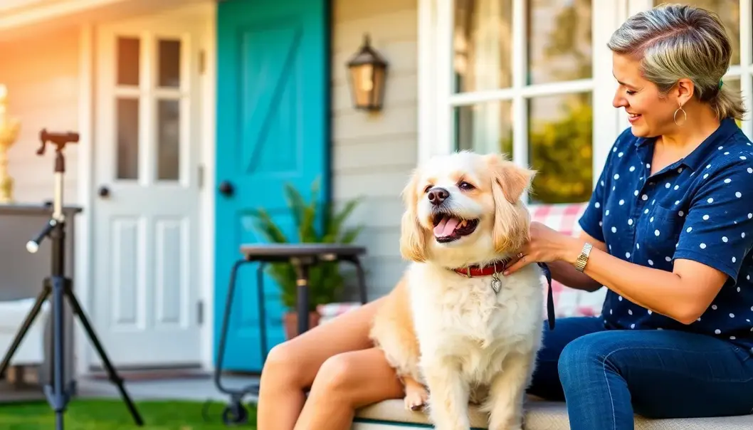 Professional mobile pet groomer setting up on a sunny day with a couple and their dog.