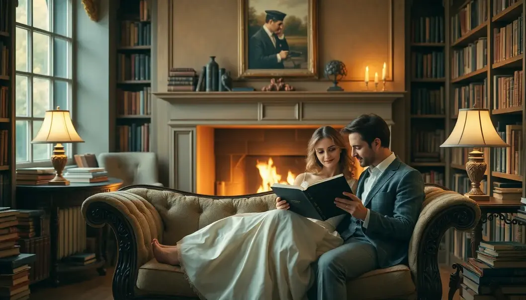 A couple immersed in romantic classics within a vintage library setting.