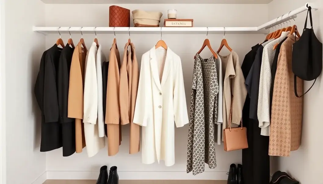 A minimalist wardrobe showcasing organized clothing and accessories for a streamlined lifestyle.