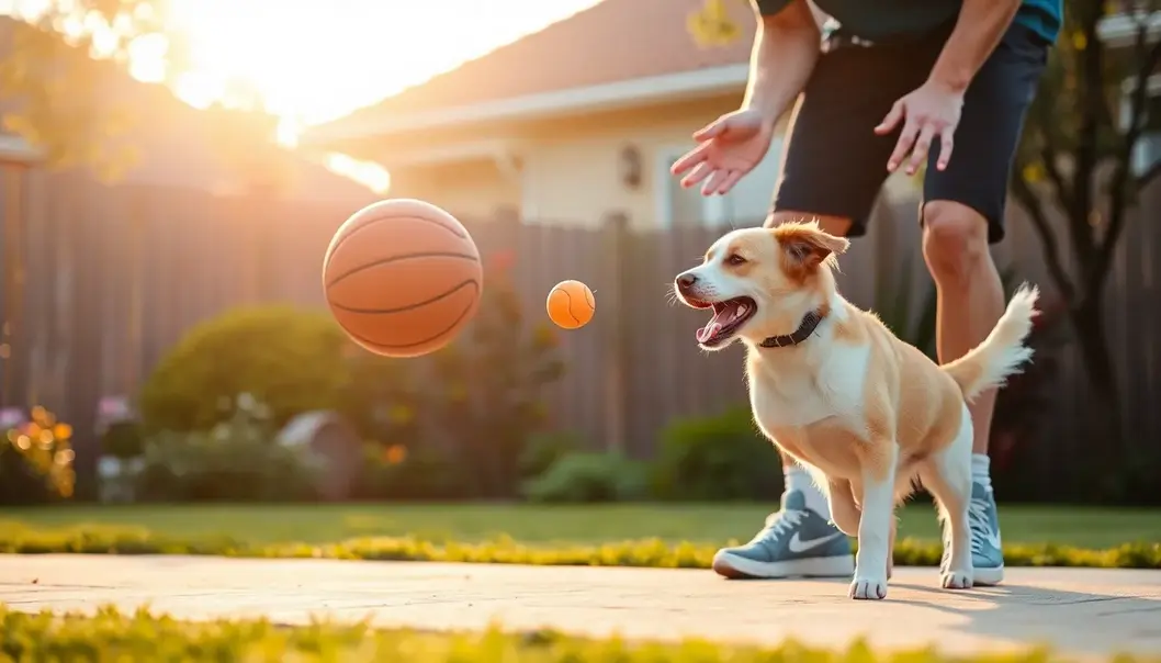 Amateur basketball player enjoying a training session with their pet dog.